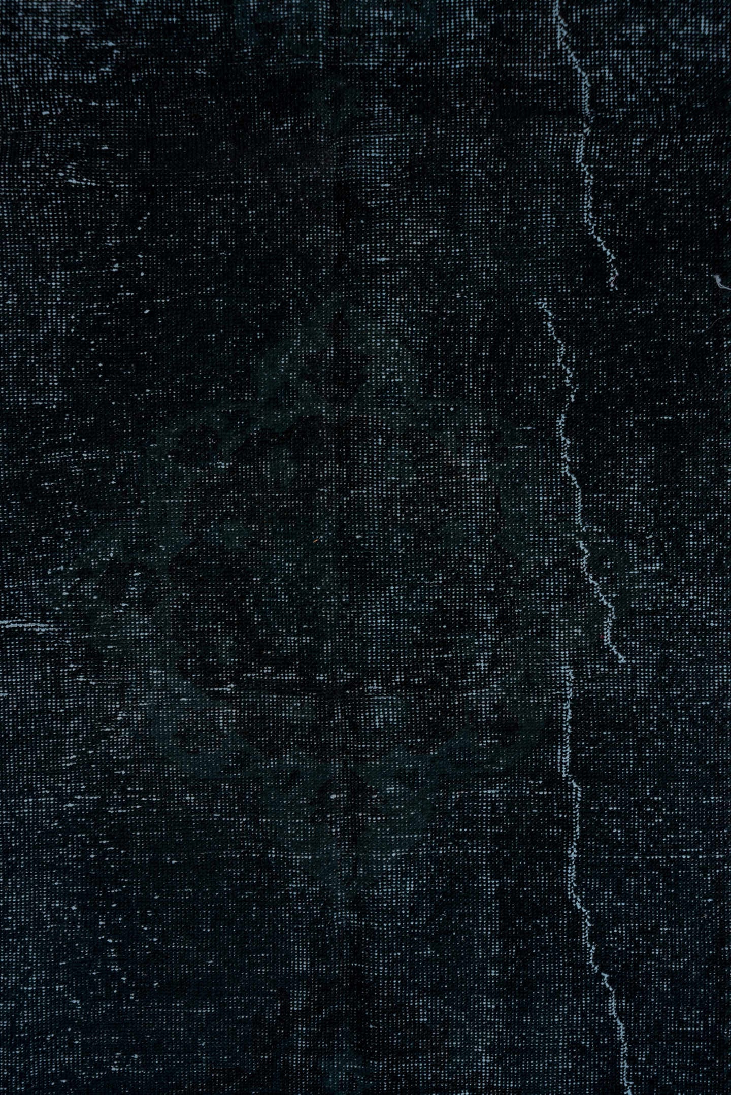 4' x 11' one-of-a-kind handmade vintage Overdyed runner rug. Color palette: charcoal, slate, blue, ivory, gray, black