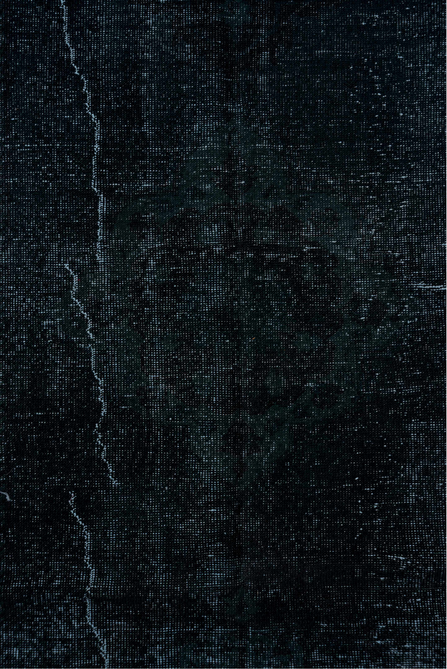 4' x 11' one-of-a-kind handmade vintage Overdyed runner rug. Color palette: black, blue, charcoal, gray, light blue