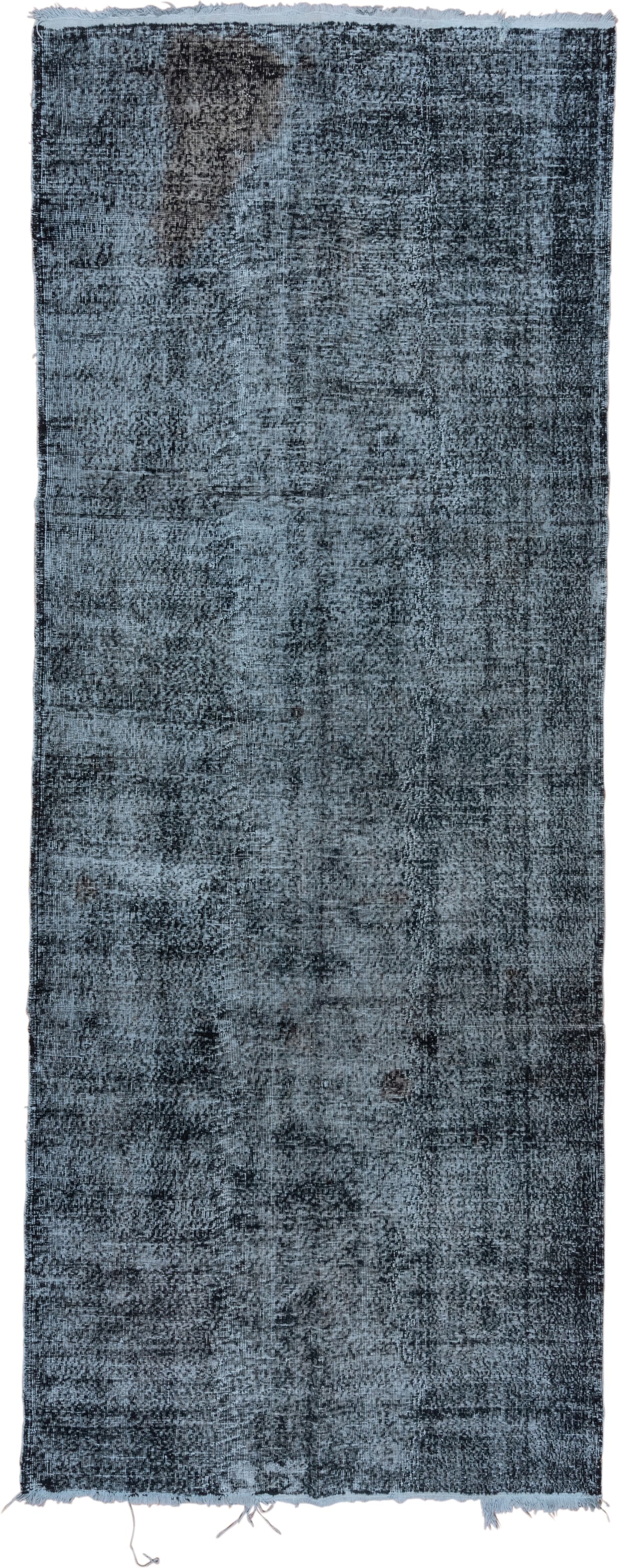 5' x 12' one-of-a-kind handmade vintage Overdyed runner rug. Color palette: slate, charcoal, steel_blue, silver, gray, black
