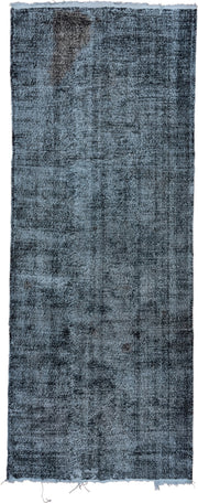 5' x 12' one-of-a-kind handmade vintage Overdyed runner rug. Color palette: slate, charcoal, steel_blue, silver, gray, black