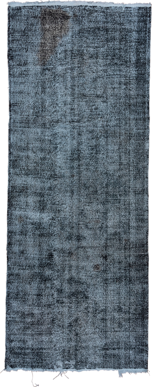 5' x 12' one-of-a-kind handmade vintage Overdyed runner rug. Color palette: slate, charcoal, steel_blue, silver, gray, black