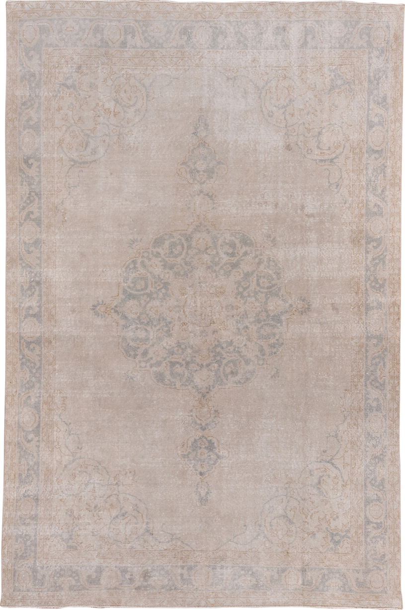 7' x 10' one-of-a-kind handmade vintage Oushak large size rug. Color palette: ivory, beige, taupe, pale blue, sand