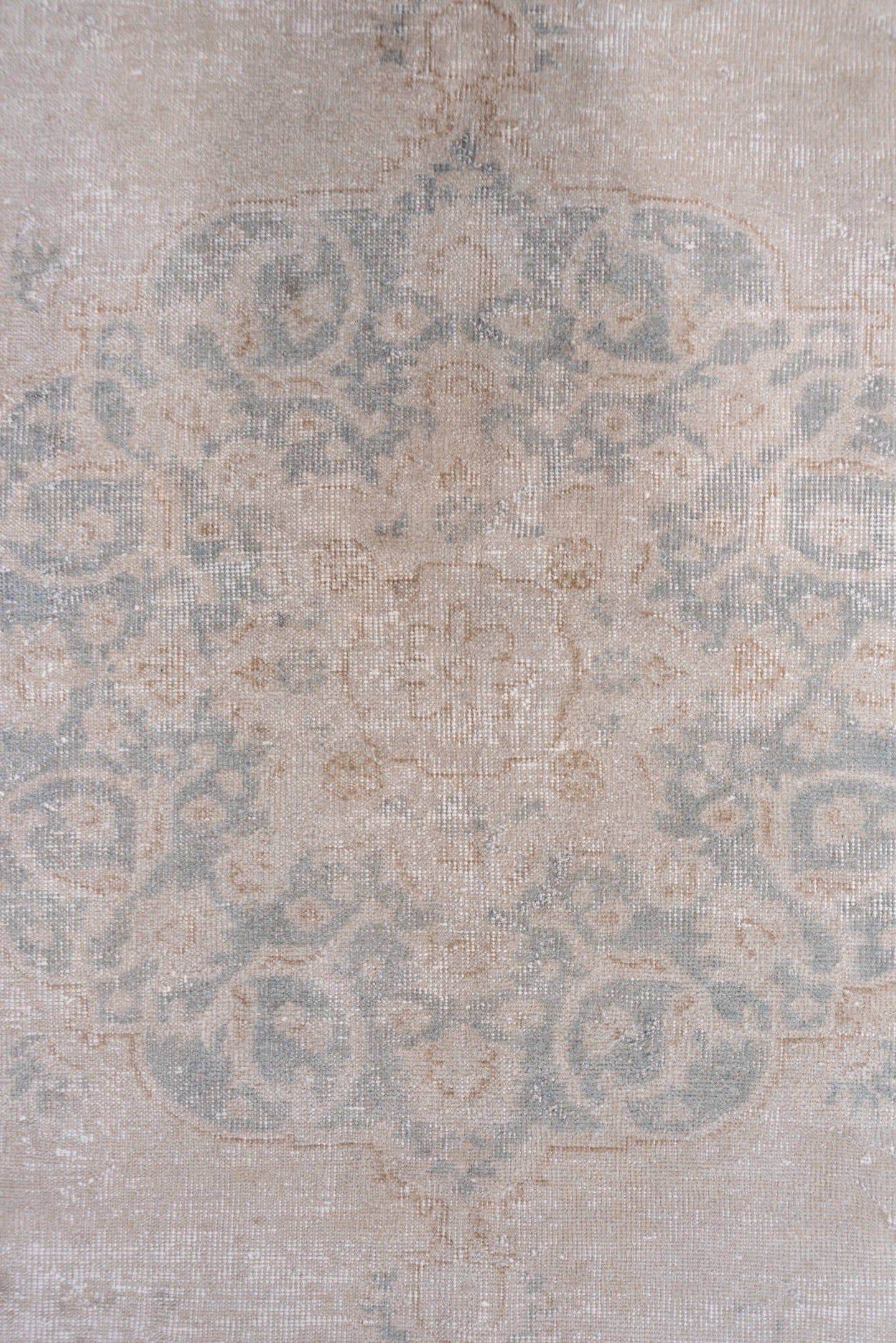 7' x 10' one-of-a-kind handmade vintage Oushak large size rug. Color palette: ivory, beige, taupe, pale blue, sand