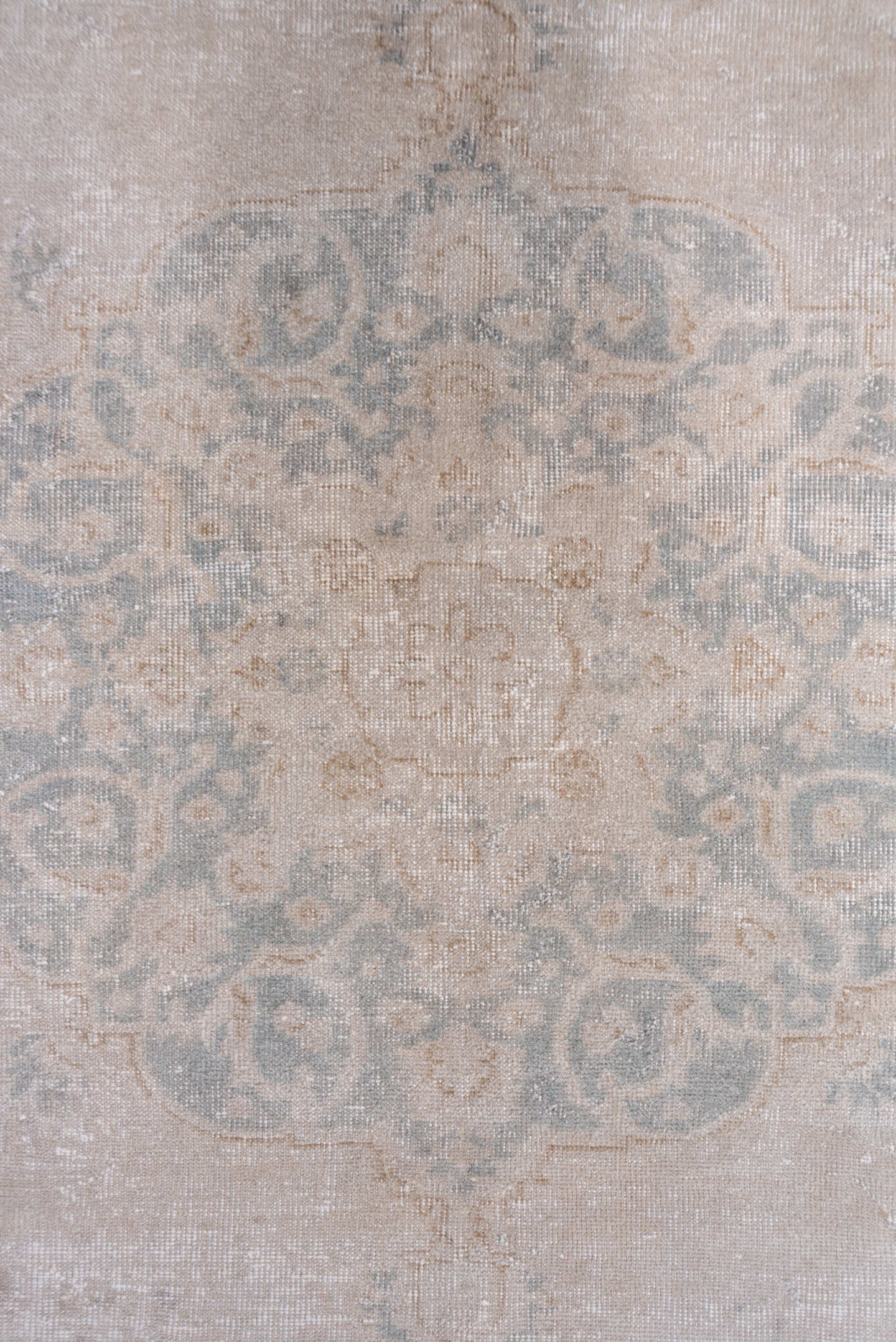 7' x 10' one-of-a-kind handmade vintage Oushak large size rug. Color palette: ivory, beige, taupe, pale blue, sand