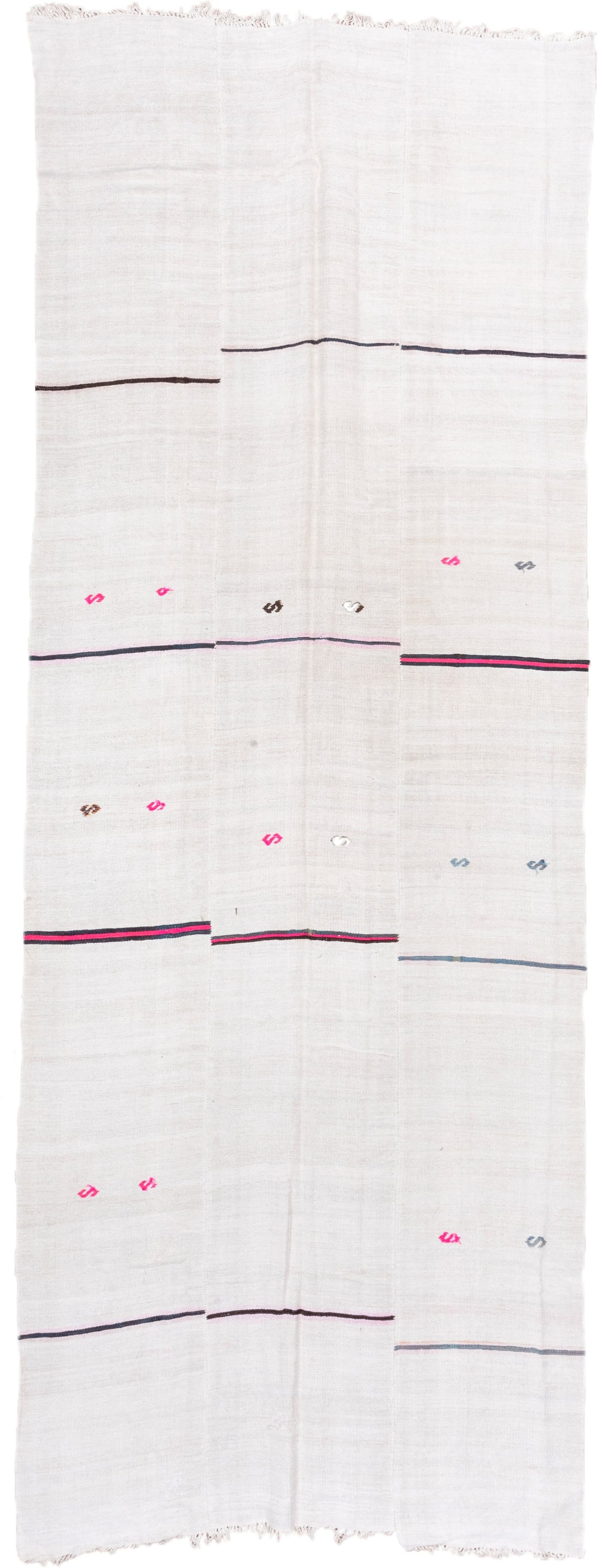 5' x 14' one-of-a-kind handmade vintage Hemp Kilim rug. Color palette: ivory, charcoal, pink, gray, soft_blue, black
