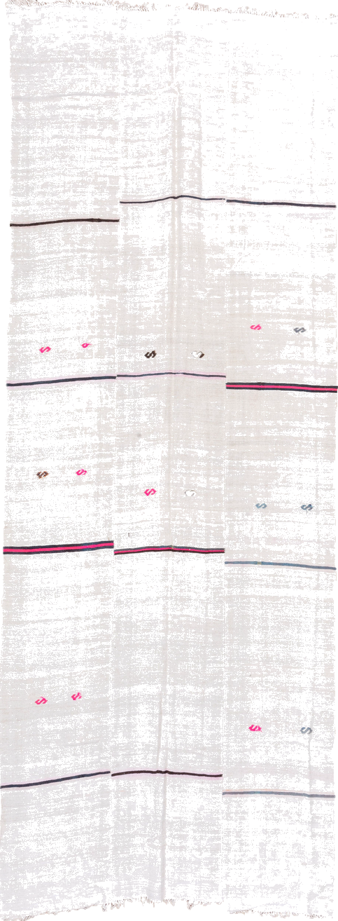 5' x 14' one-of-a-kind handmade vintage Hemp Kilim rug. Color palette: blue, dark gray, floral white, gainsboro, ghost white