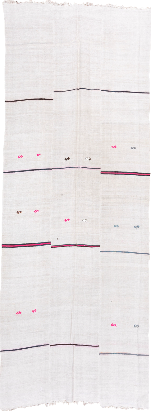 5' x 14' one-of-a-kind handmade vintage Hemp Kilim rug. Color palette: ivory, charcoal, pink, gray, soft_blue, black