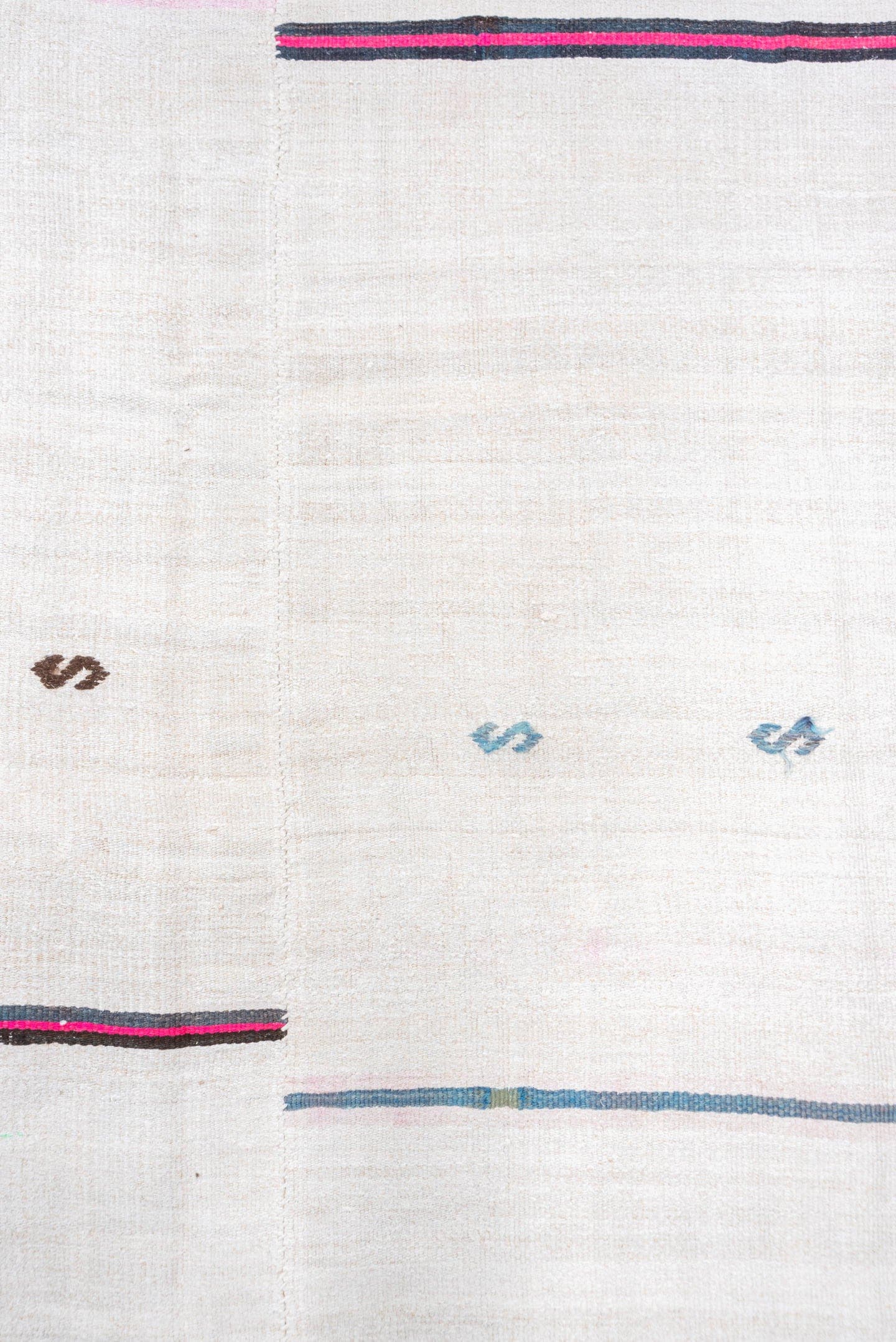 5' x 14' one-of-a-kind handmade vintage Hemp Kilim rug. Color palette: ivory, charcoal, pink, gray, soft_blue, black