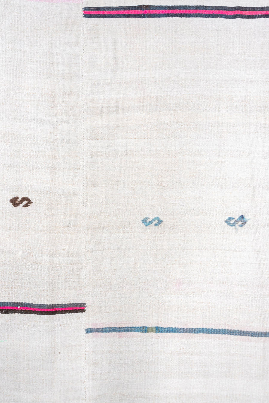 5' x 14' one-of-a-kind handmade vintage Hemp Kilim rug. Color palette: ivory, charcoal, pink, gray, soft_blue, black