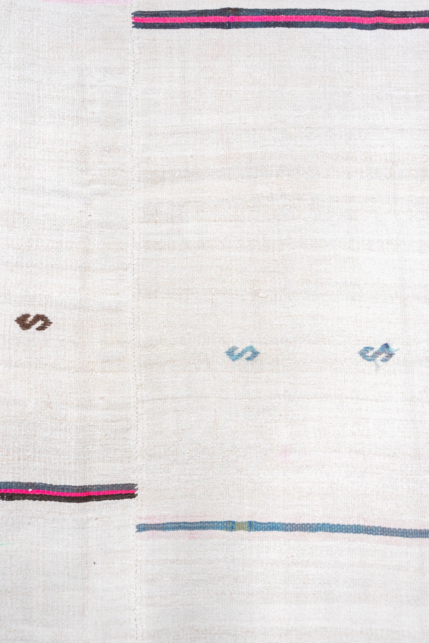 5' x 14' one-of-a-kind handmade vintage Hemp Kilim rug. Color palette: ivory, charcoal, pink, gray, soft_blue, black