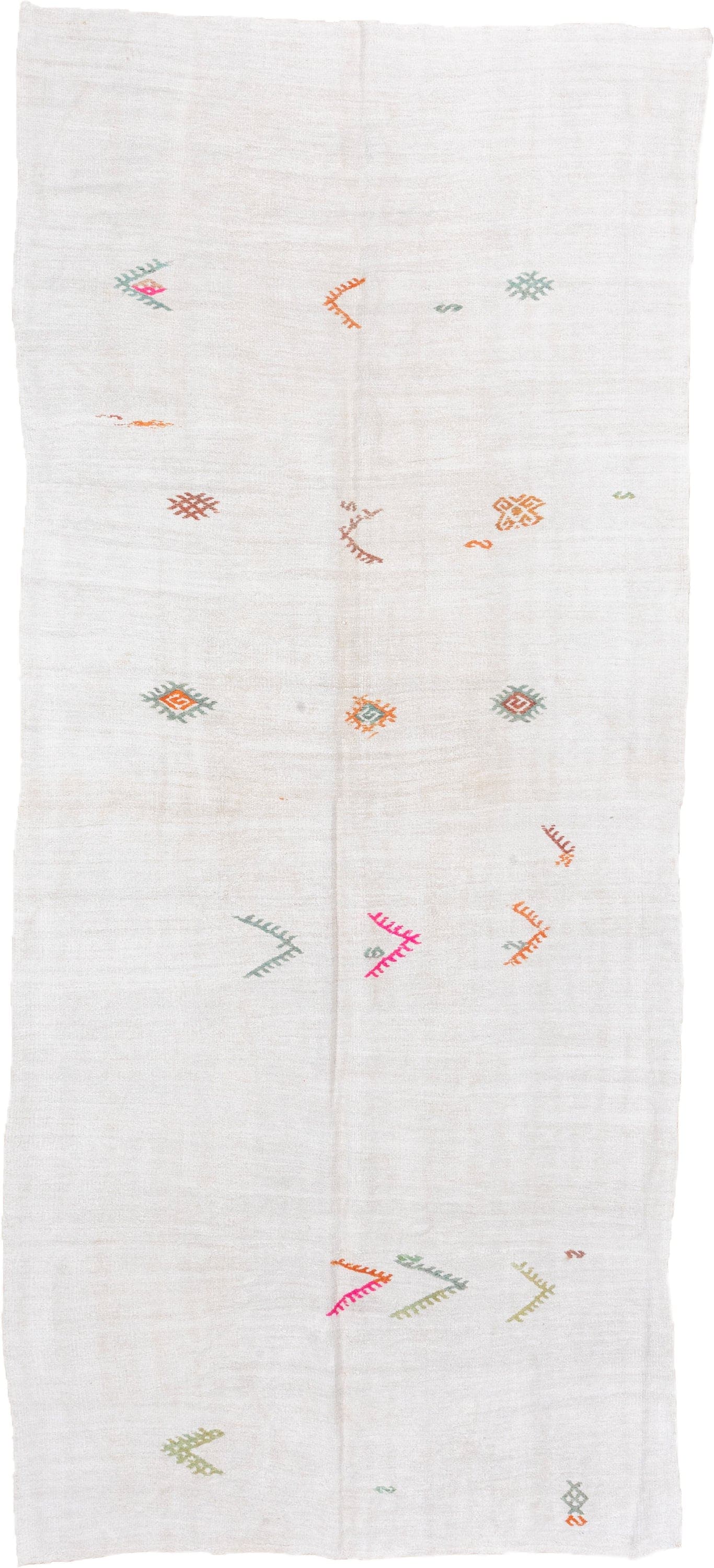 5' x 13' one-of-a-kind handmade vintage Hemp Kilim rug. Color palette: ivory, sage, orange, pink, taupe, olive, green