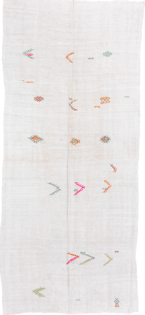 5' x 13' one-of-a-kind handmade vintage Hemp Kilim rug. Color palette: ivory, sage, orange, pink, taupe, olive, green
