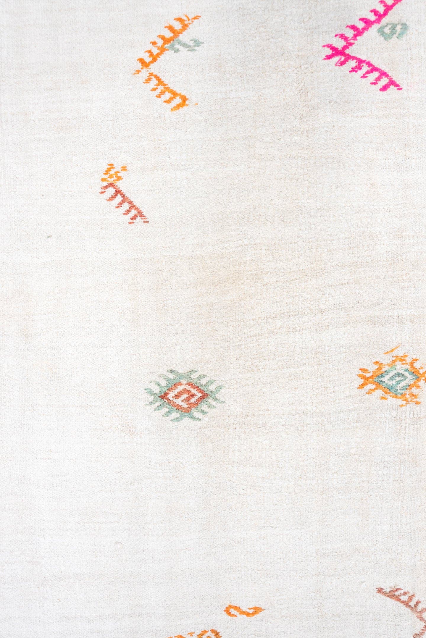 5' x 13' one-of-a-kind handmade vintage Hemp Kilim rug. Color palette: ivory, sage, orange, pink, taupe, olive, green