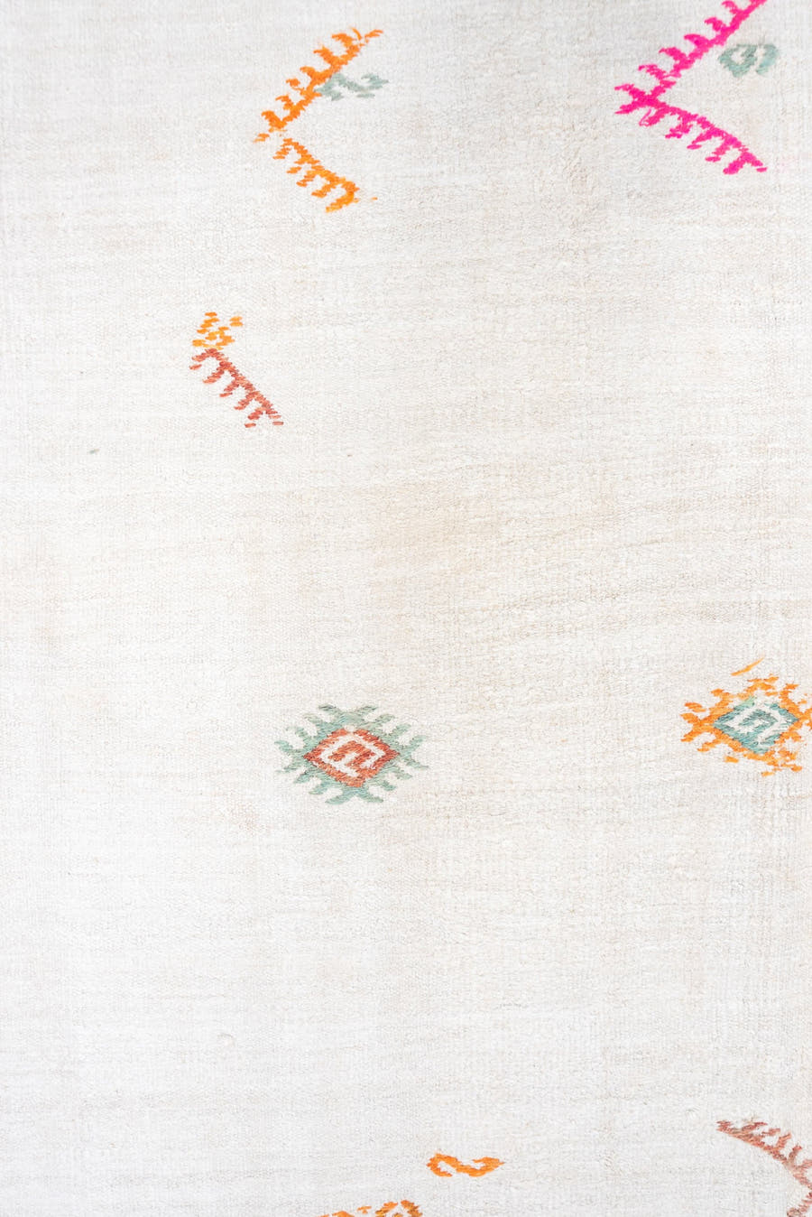 5' x 13' one-of-a-kind handmade vintage Hemp Kilim rug. Color palette: ivory, sage, orange, pink, taupe, olive, green