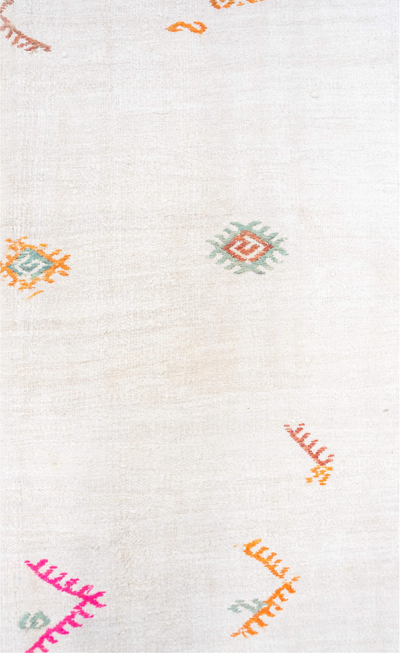 5' x 13' one-of-a-kind handmade vintage Hemp Kilim rug. Color palette: ivory, sage, orange, pink, taupe, olive, green