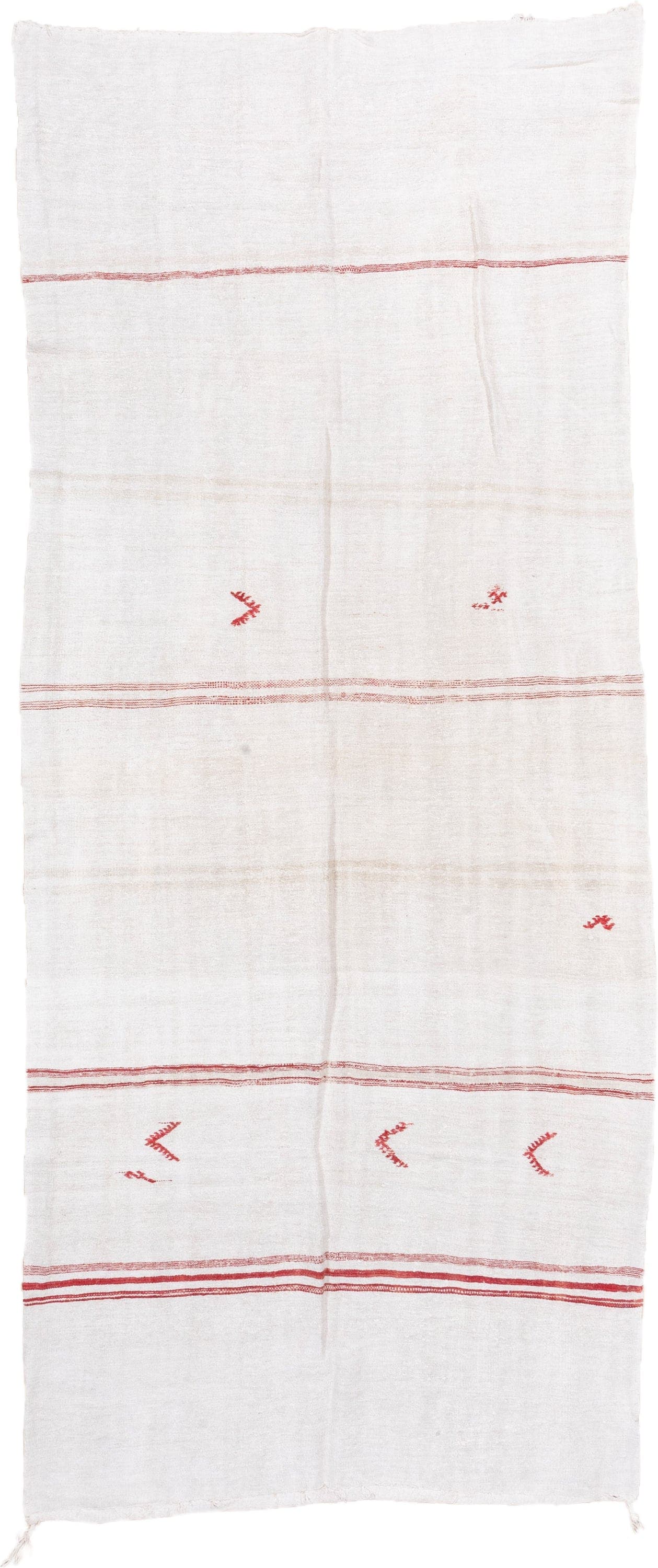 5' x 12' one-of-a-kind handmade vintage Hemp Kilim rug. Color palette: ivory, red, cream