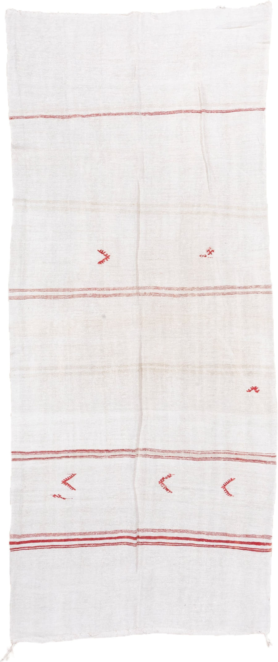 5' x 12' one-of-a-kind handmade vintage Hemp Kilim rug. Color palette: ivory, red, cream