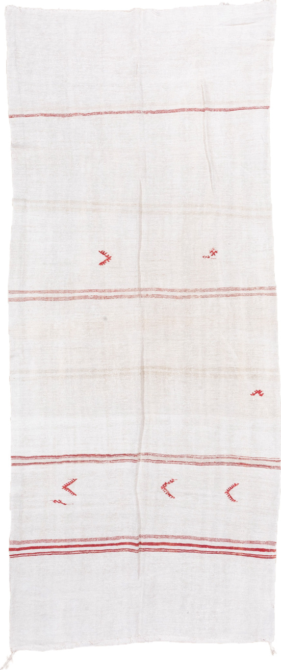 5' x 12' one-of-a-kind handmade vintage Hemp Kilim rug. Color palette: ivory, red, cream