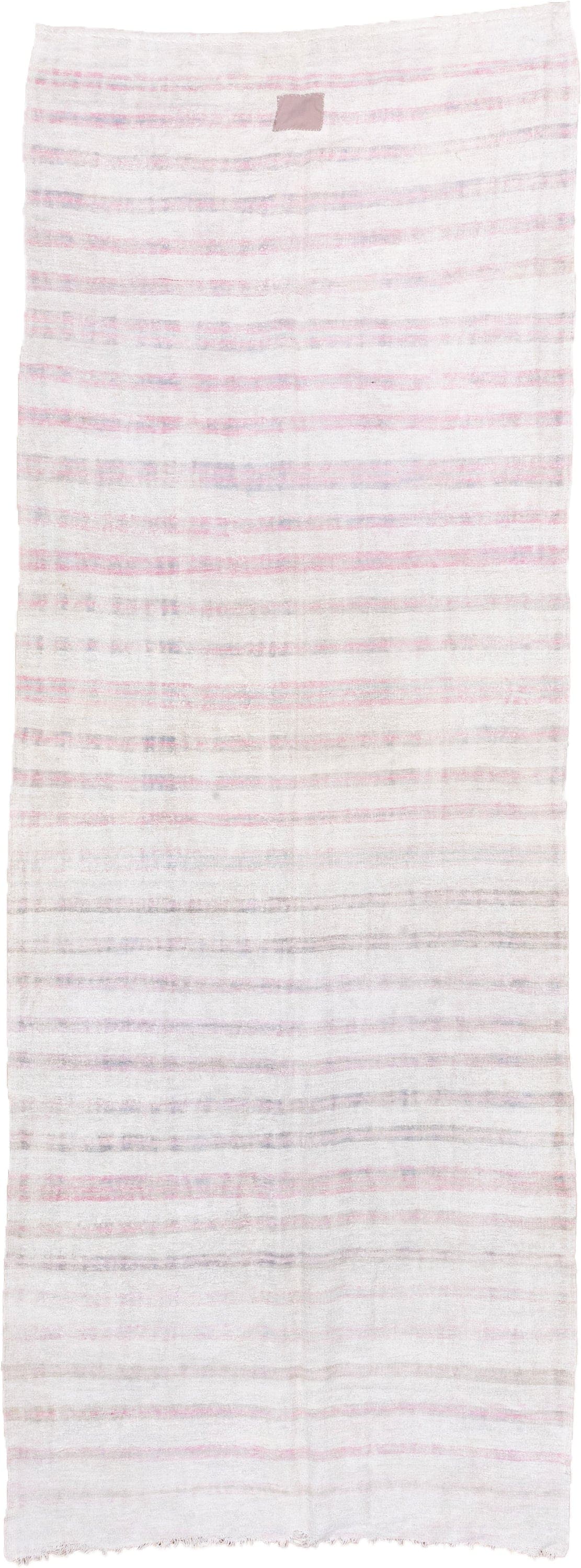 5' x 14' one-of-a-kind handmade vintage Hemp Kilim rug. Color palette: ivory, blush, pale gray, lavender, taupe, pink