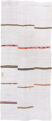 6' x 14' one-of-a-kind handmade vintage Hemp Kilim large size rug. Color palette: ivory, charcoal, rust, gold, indigo