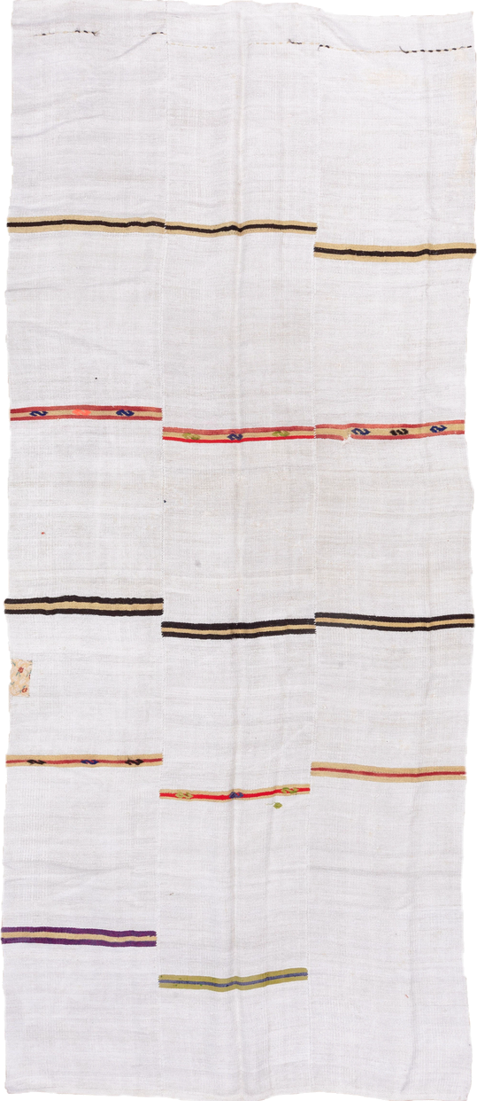 6' x 14' one-of-a-kind handmade vintage Hemp Kilim large size rug. Color palette: ivory, charcoal, rust, gold, indigo