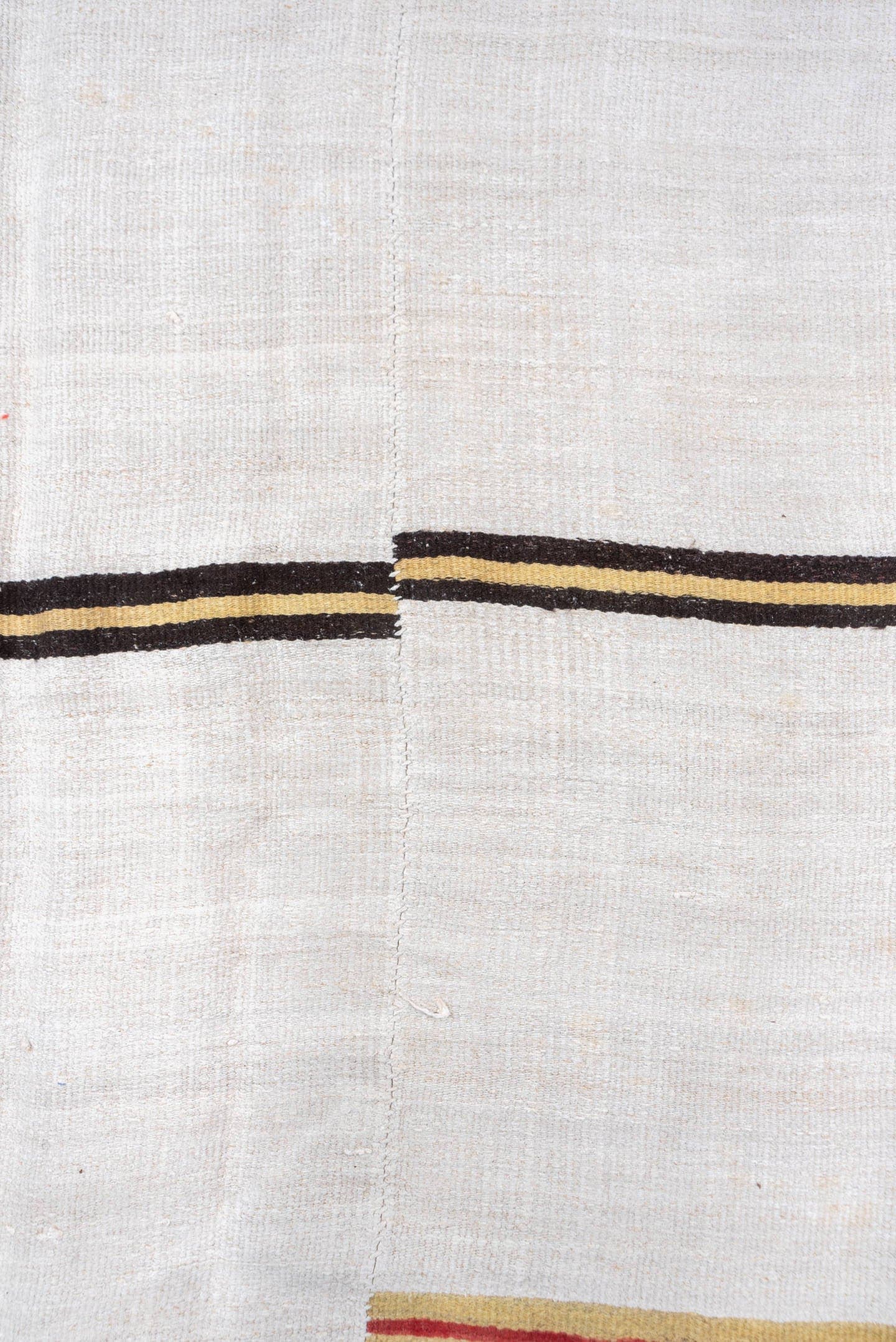 6' x 14' one-of-a-kind handmade vintage Hemp Kilim large size rug. Color palette: ivory, charcoal, rust, gold, indigo