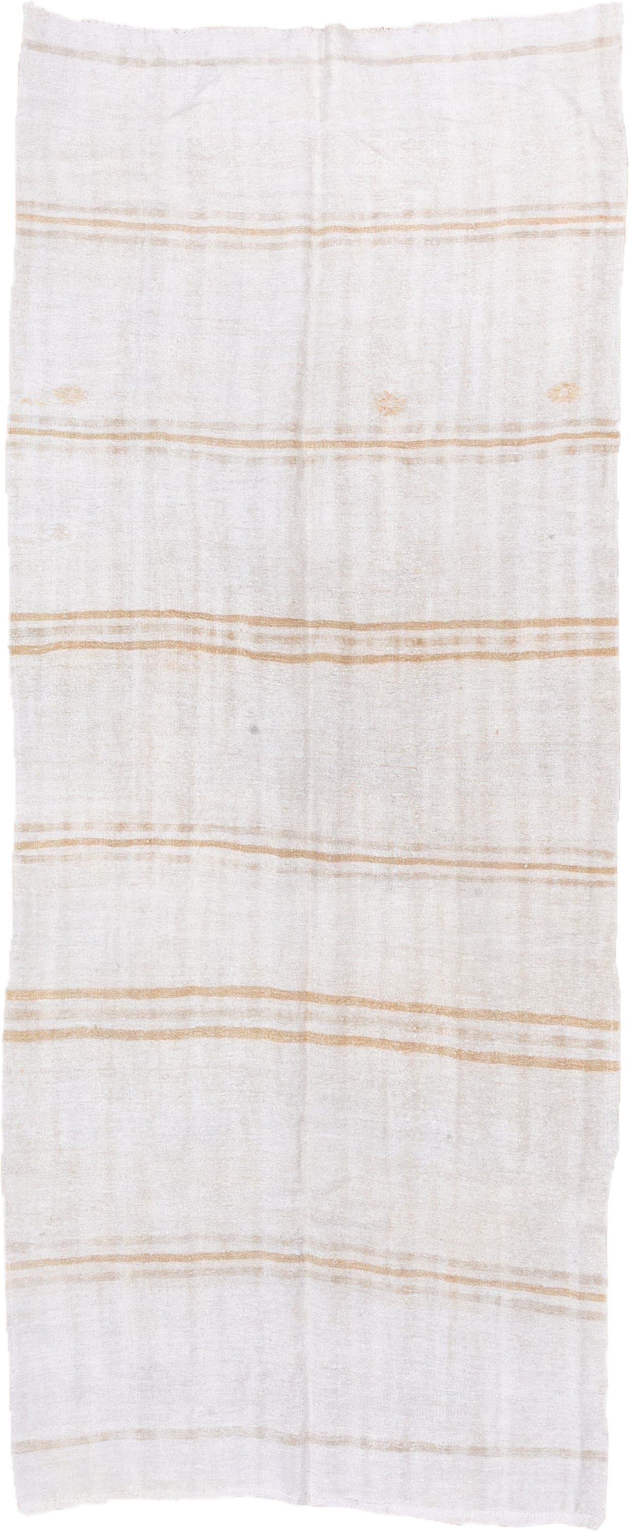 5' x 12' one-of-a-kind handmade vintage Hemp Kilim rug. Color palette: ivory, camel, cream, taupe, beige, gray