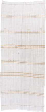 5' x 12' one-of-a-kind handmade vintage Hemp Kilim rug. Color palette: ivory, camel, cream, taupe, beige, gray