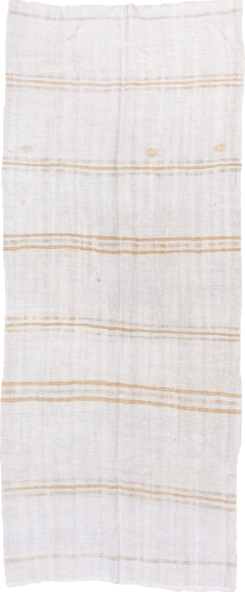 5' x 12' one-of-a-kind handmade vintage Hemp Kilim rug. Color palette: ivory, camel, cream, taupe, beige, gray