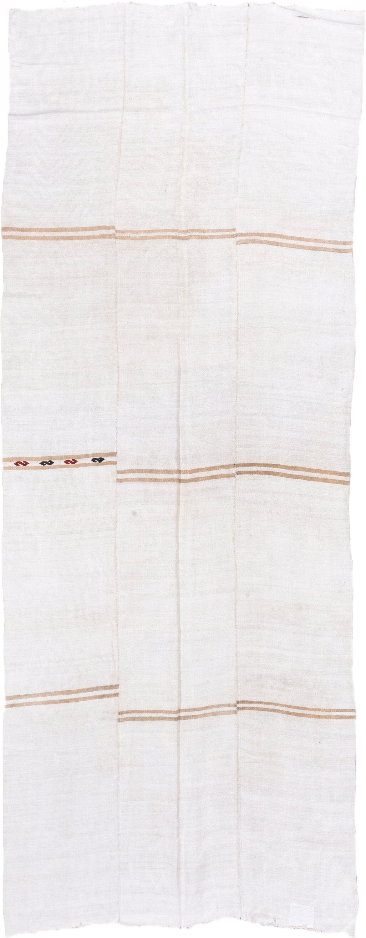 5' x 14' one-of-a-kind handmade vintage Hemp Kilim rug. Color palette: ivory, cream, camel, taupe, burgundy, charcoal, beige