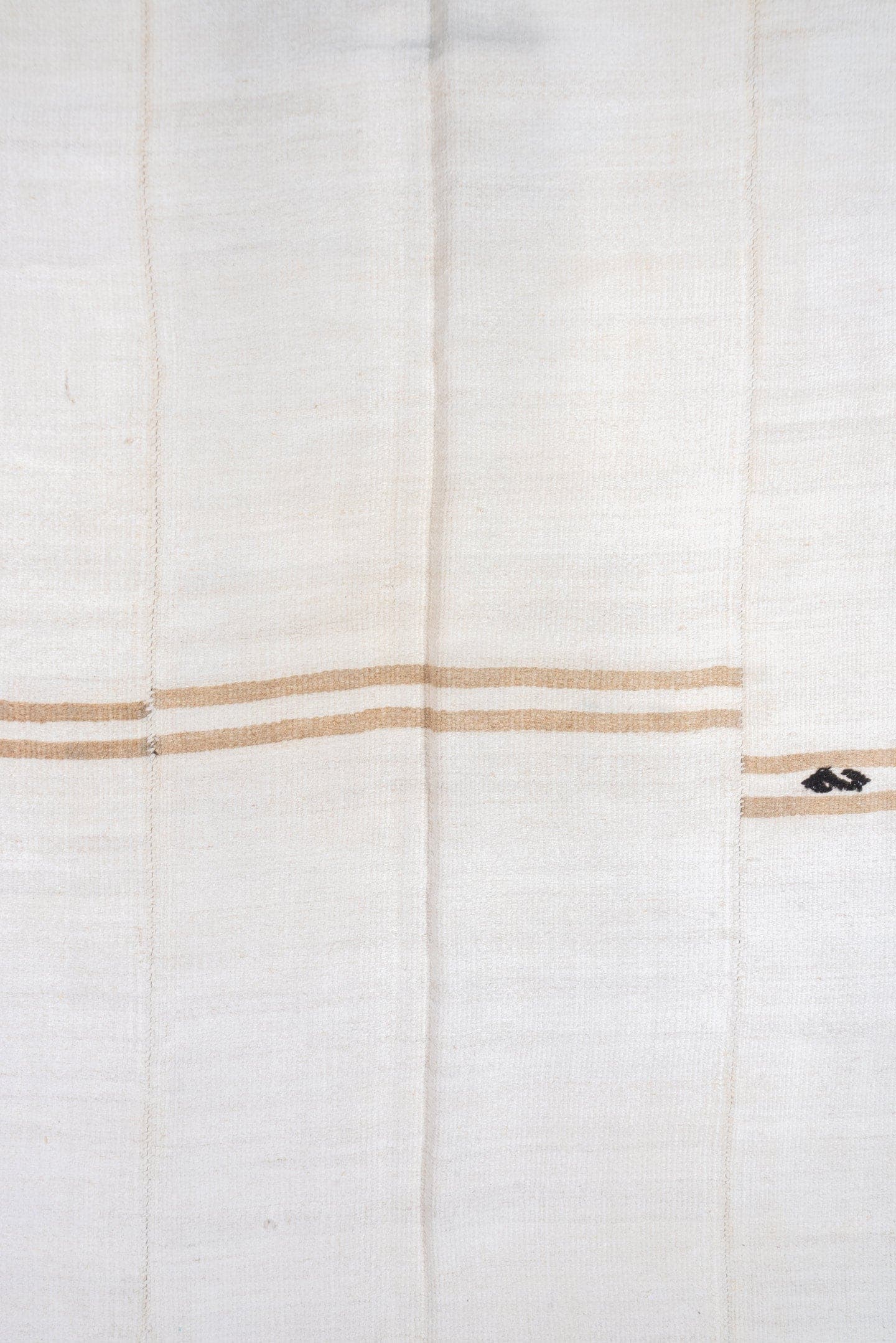 5' x 14' one-of-a-kind handmade vintage Hemp Kilim rug. Color palette: ivory, cream, camel, taupe, burgundy, charcoal, beige