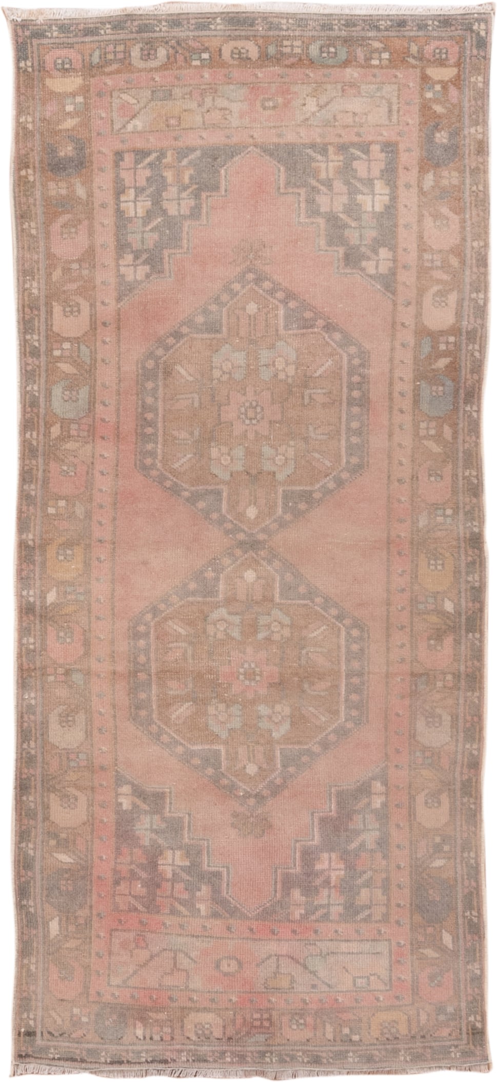 2' x 6' one-of-a-kind handmade antique Oushak runner rug. Color palette: rose, taupe, brown, charcoal, peach, ivory, sage