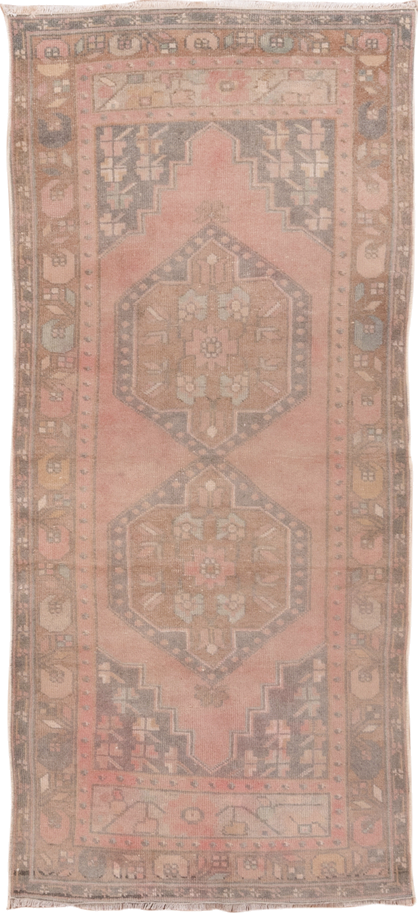 2' x 6' one-of-a-kind handmade antique Oushak runner rug. Color palette: rose, taupe, brown, charcoal, peach, ivory, sage