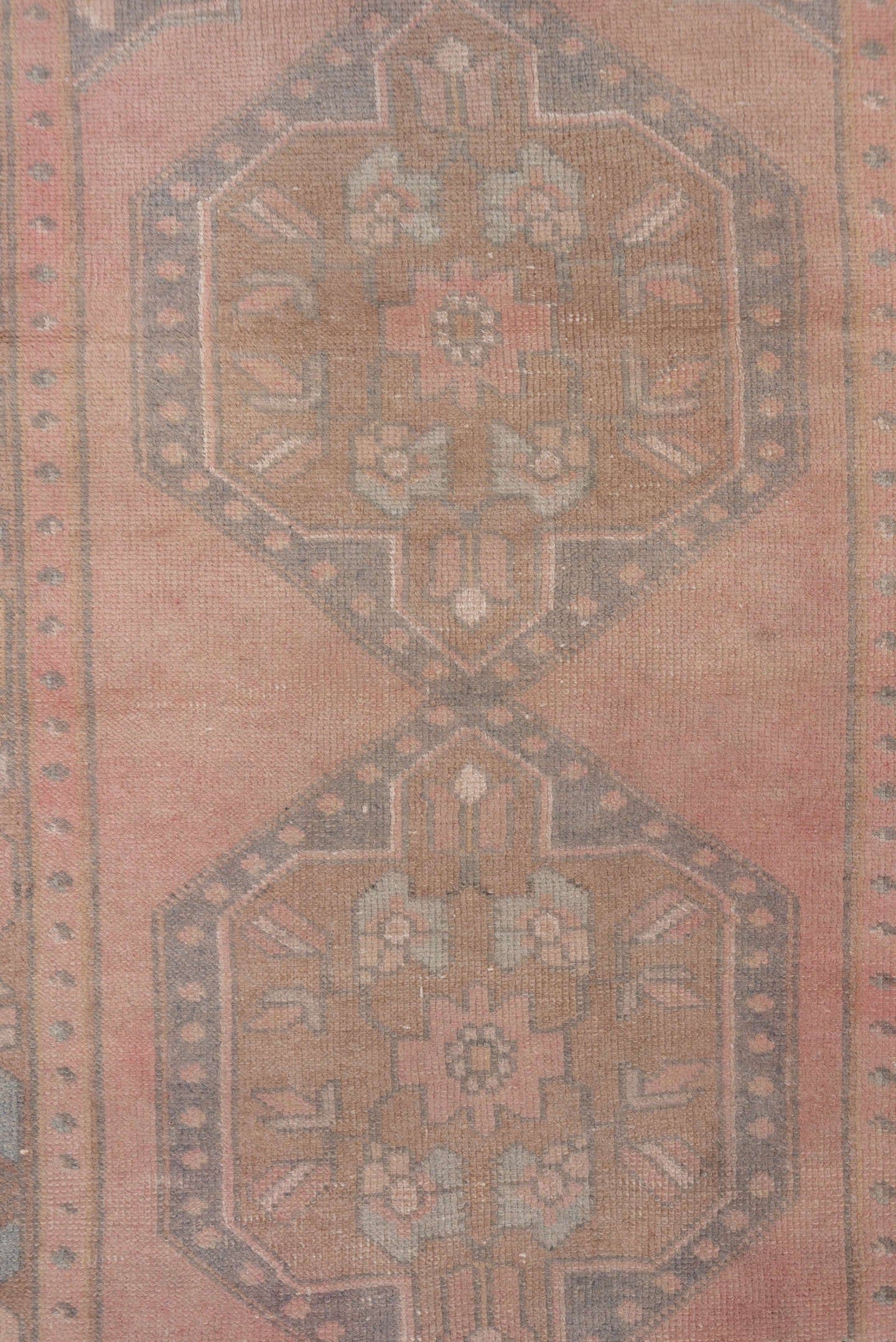 2' x 6' one-of-a-kind handmade antique Oushak runner rug. Color palette: rose, taupe, brown, charcoal, peach, ivory, sage