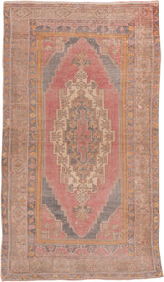 4' x 7' one-of-a-kind handmade antique Oushak rug. Color palette: rose, taupe, slate, ivory, gold, terra cotta, dusty blue