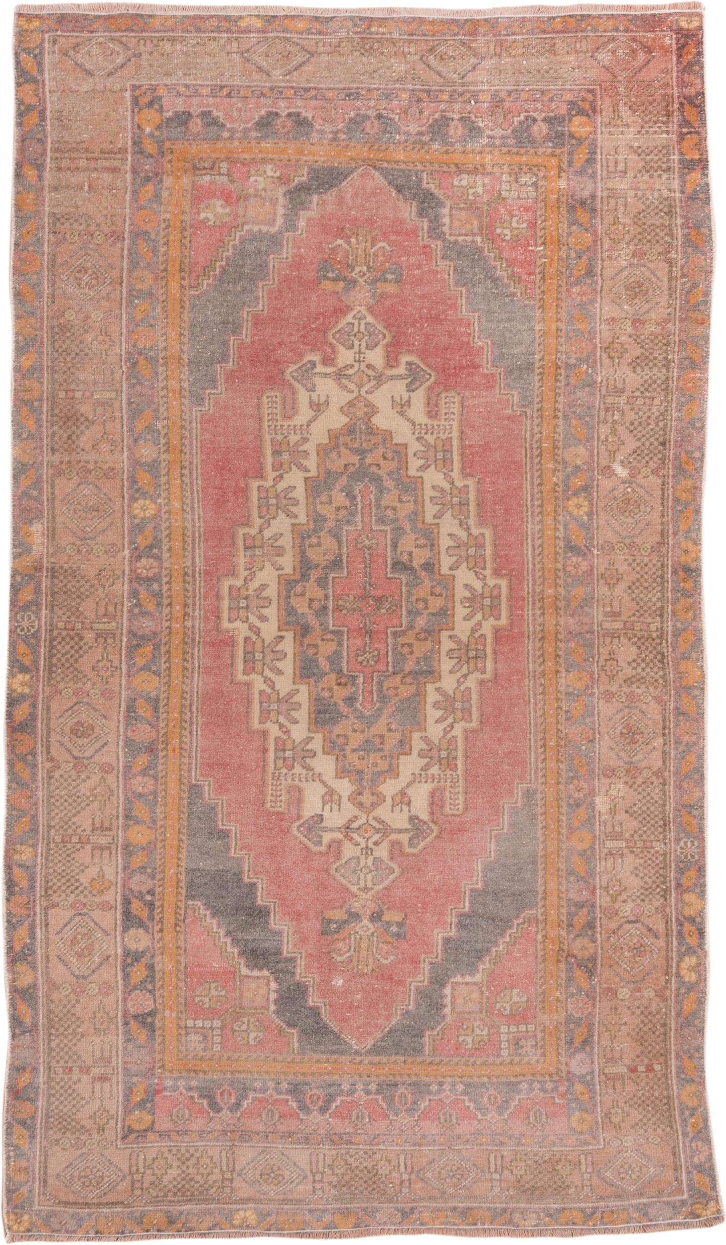 4' x 7' one-of-a-kind handmade antique Oushak rug. Color palette: rose, taupe, slate, ivory, gold, terra cotta, dusty blue