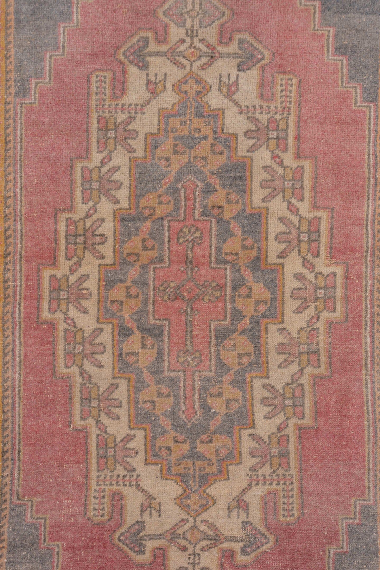 4' x 7' one-of-a-kind handmade antique Oushak rug. Color palette: rose, taupe, slate, ivory, gold, terra cotta, dusty blue