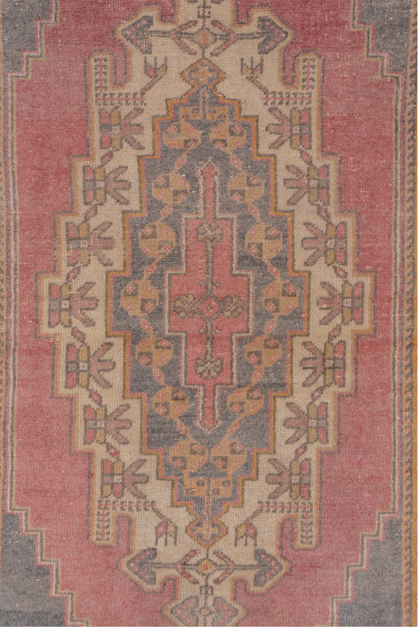 4' x 7' one-of-a-kind handmade antique Oushak rug. Color palette: rose, taupe, slate, ivory, gold, terra cotta, dusty blue