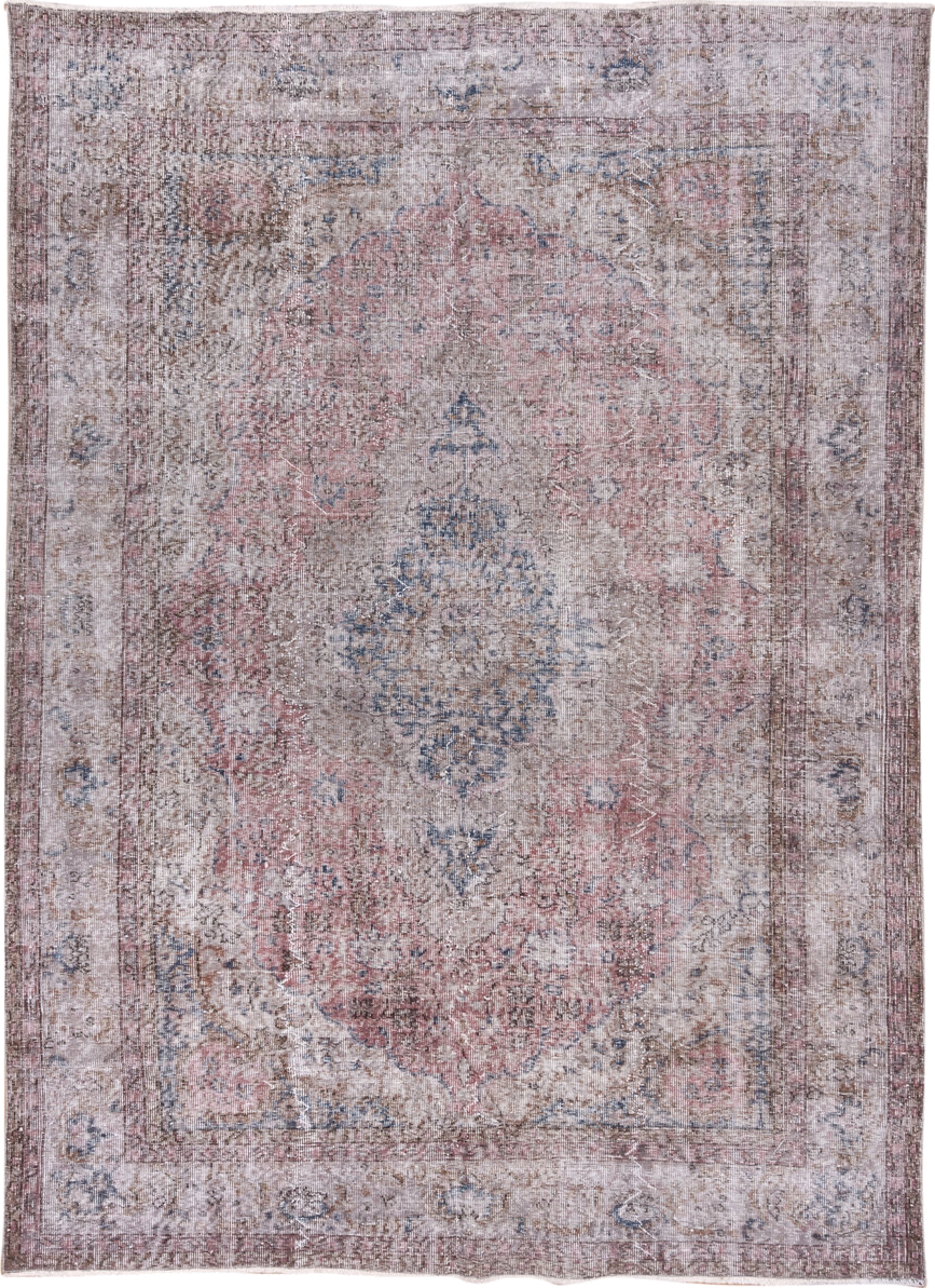 6' x 9' one-of-a-kind handmade antique Overdyed medium size rug. Color palette: rose, ivory, taupe, dusty blue, blush, beige