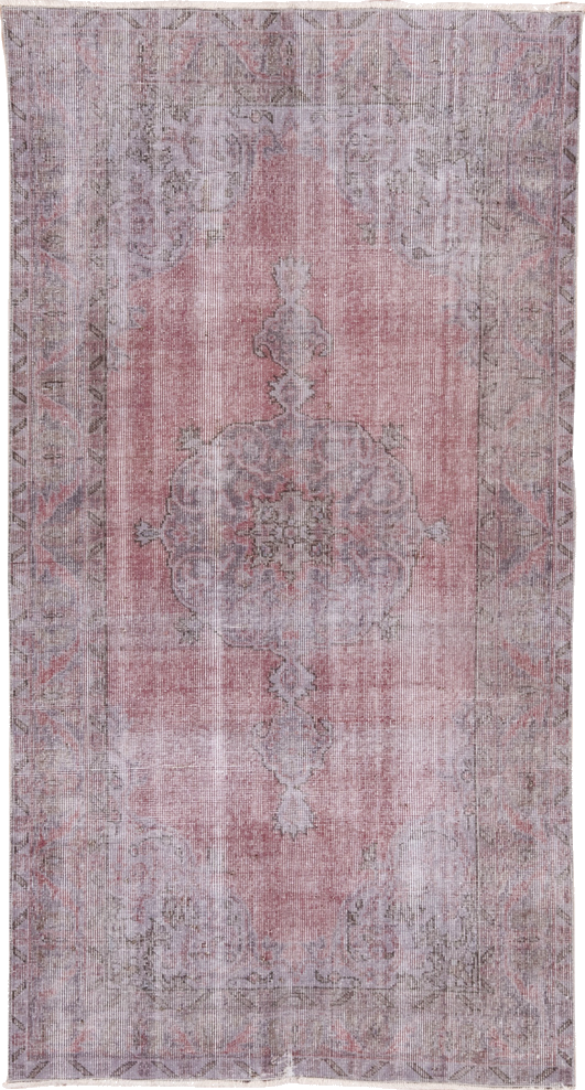 3' x 7' one-of-a-kind handmade vintage Overdyed rug. Color palette: dark gray, gray, light gray, off-white, pink