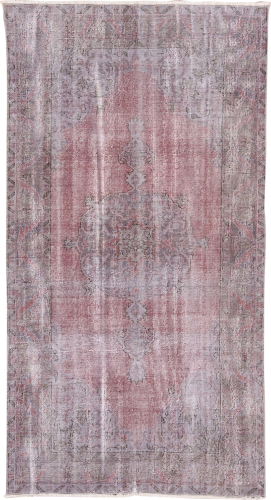 3' x 7' one-of-a-kind handmade vintage Overdyed rug. Color palette: dark gray, gray, light gray, off-white, pink
