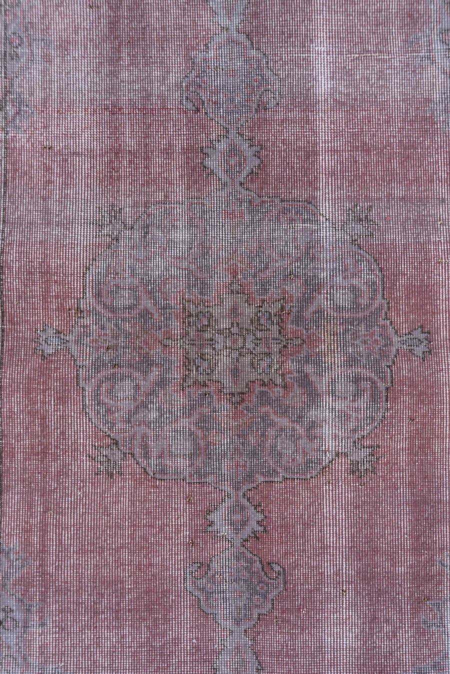 3' x 7' one-of-a-kind handmade antique Overdyed rug. Color palette: rose, taupe, dusty pink, silver, mauve, ivory, charcoal