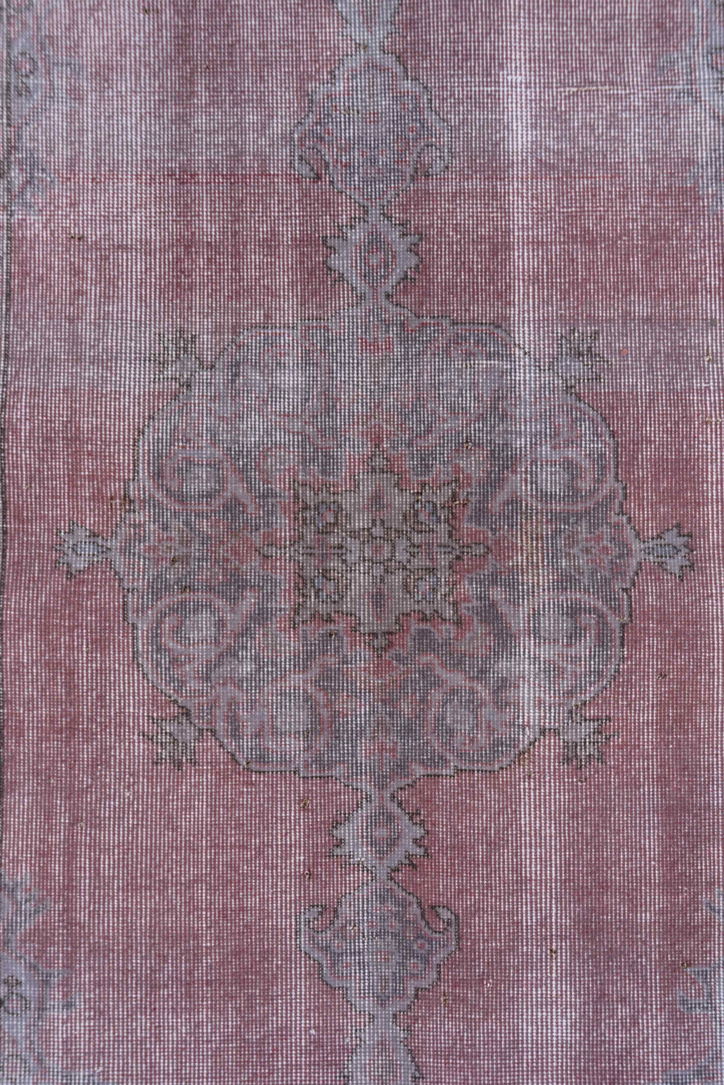 3' x 7' one-of-a-kind handmade antique Overdyed rug. Color palette: rose, taupe, dusty pink, silver, mauve, ivory, charcoal