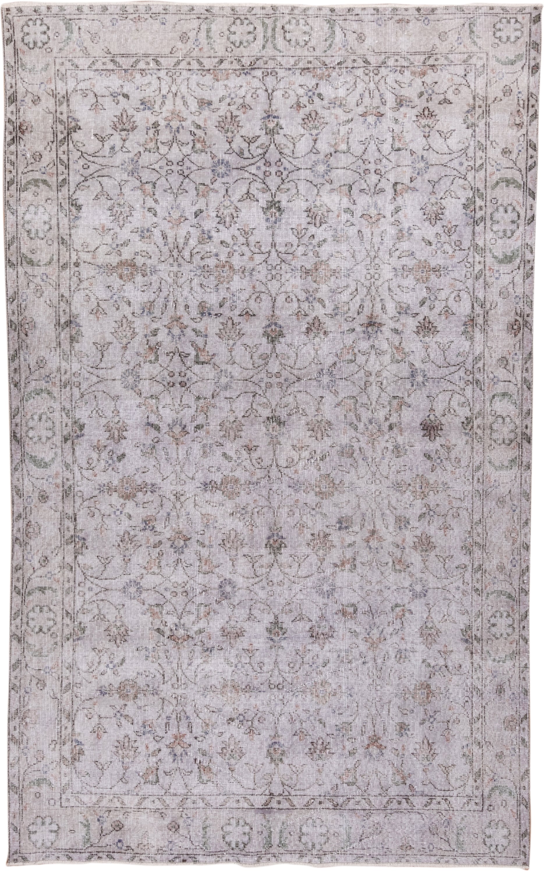 5' x 9' one-of-a-kind handmade antique Sparta medium size rug. Color palette: ivory, taupe, sage, rose, slate, beige, gray