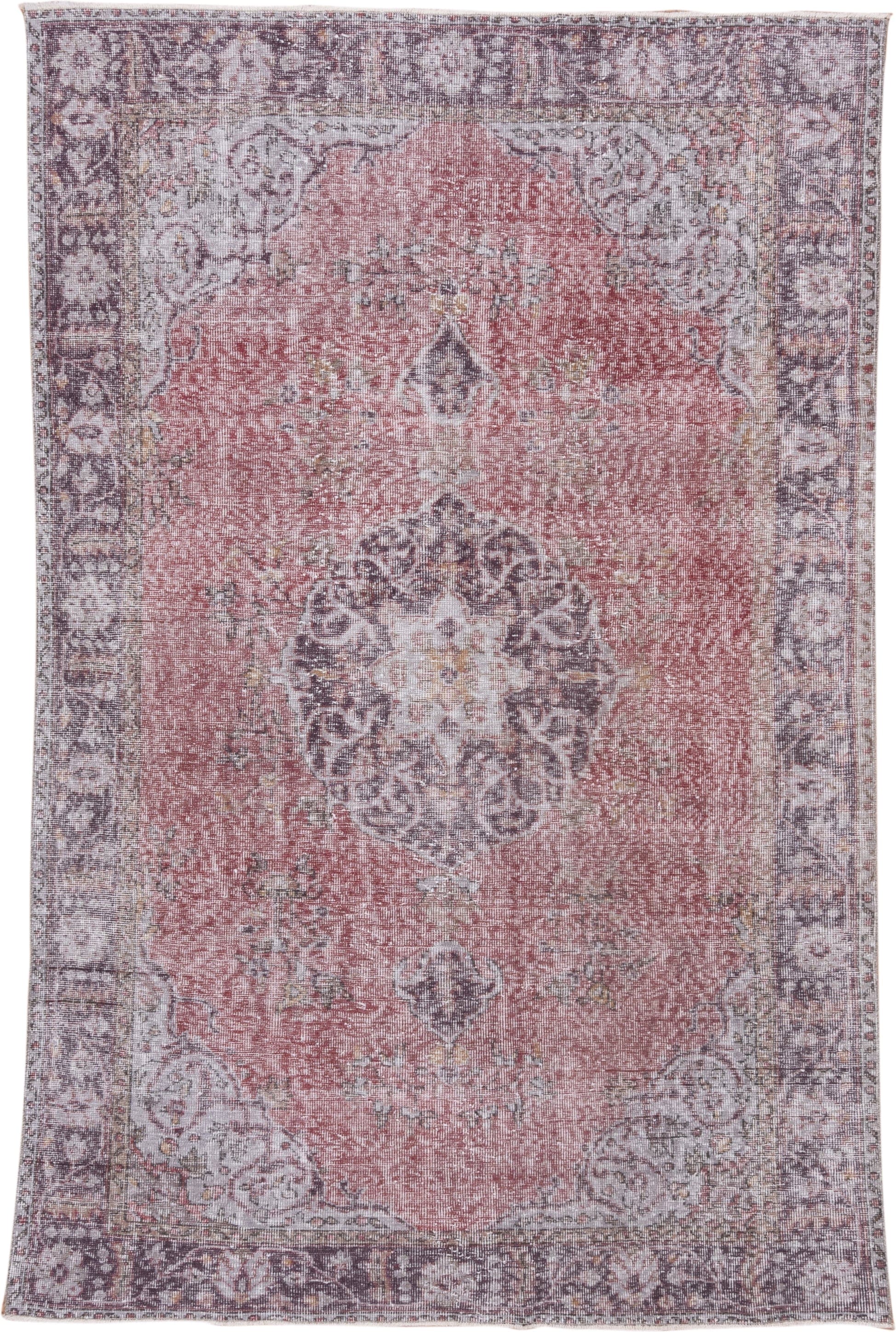 5' x 8' one-of-a-kind handmade antique Sparta medium size rug. Color palette: rose, ivory, taupe, charcoal, dusty mauve