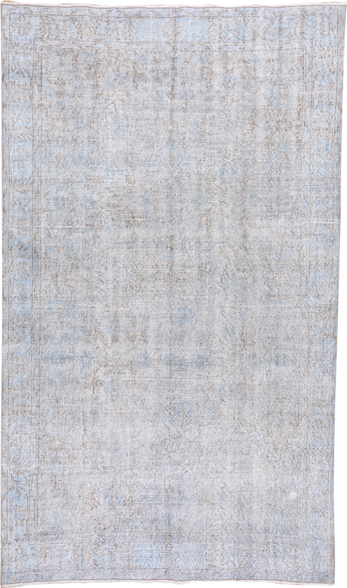 5' x 9' one-of-a-kind handmade antique Overdyed medium size rug. Color palette: pale blue, ivory, taupe, beige, light gray