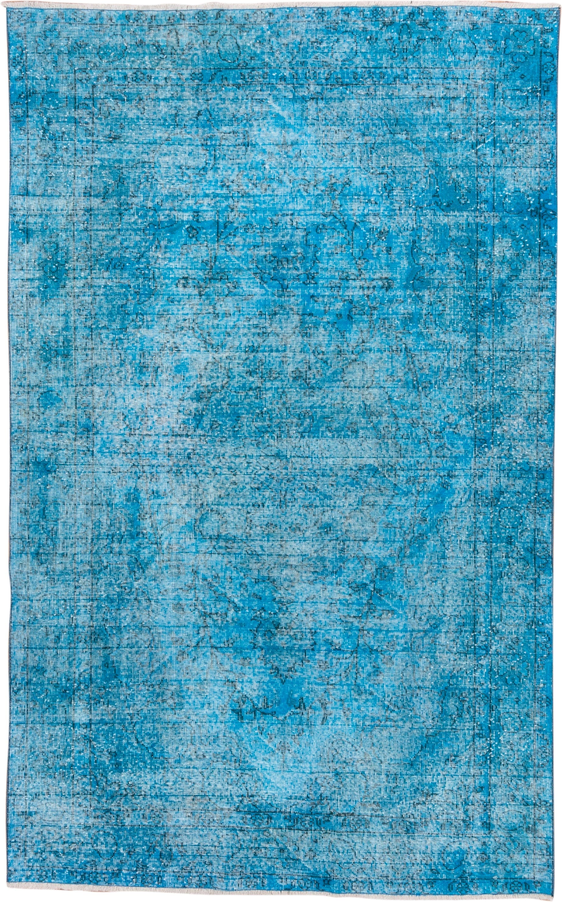5' x 9' one-of-a-kind handmade antique Overdyed medium size rug. Color palette: turquoise, aqua, teal, ivory, charcoal, gray