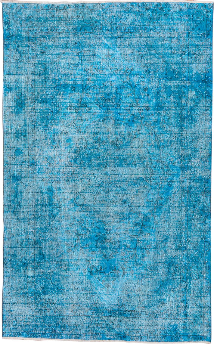 5' x 9' one-of-a-kind handmade antique Overdyed medium size rug. Color palette: turquoise, aqua, teal, ivory, charcoal, gray
