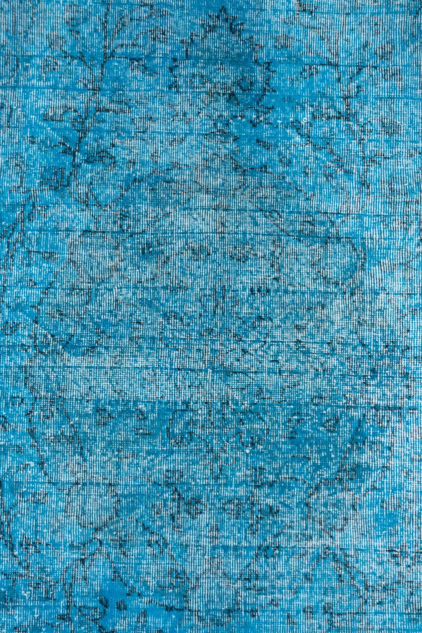 5' x 9' one-of-a-kind handmade antique Overdyed medium size rug. Color palette: turquoise, aqua, teal, ivory, charcoal, gray