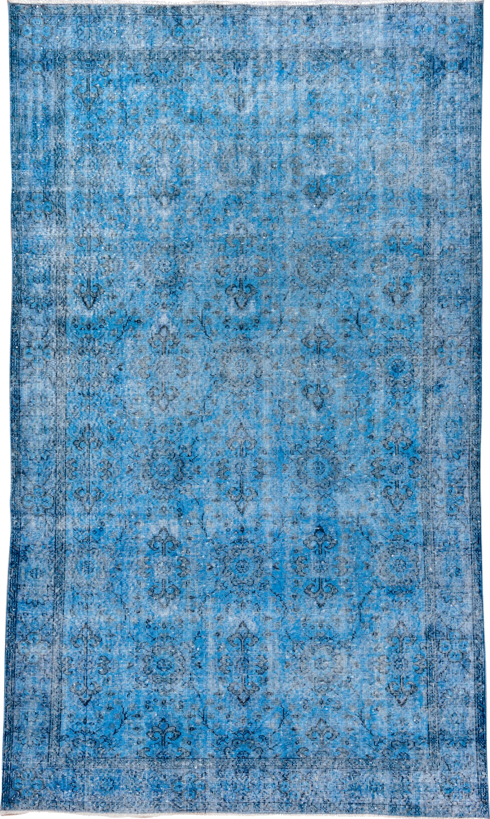 5' x 9' one-of-a-kind handmade vintage Overdyed medium size rug. Color palette: arapawa, blue, gray, light blue, light gray